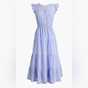 NWT J Crew Ruffle-Sleeve Tiered Midi Dress, Small, Blue and White Striped